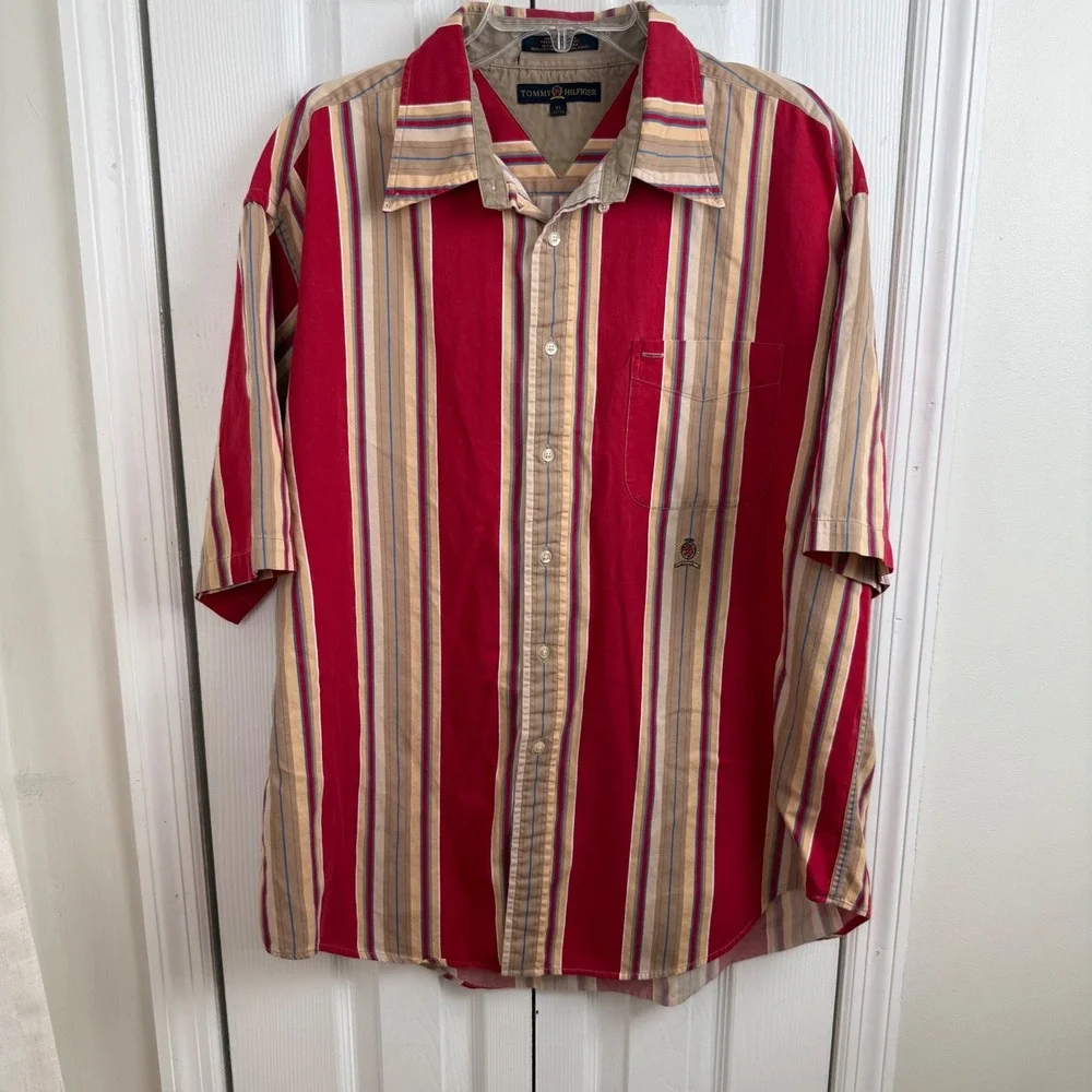 Tommy Hilfiger‎ XL Striped Button Up Shirt Red Tan Crest Logo 90s Y2K Cotton
